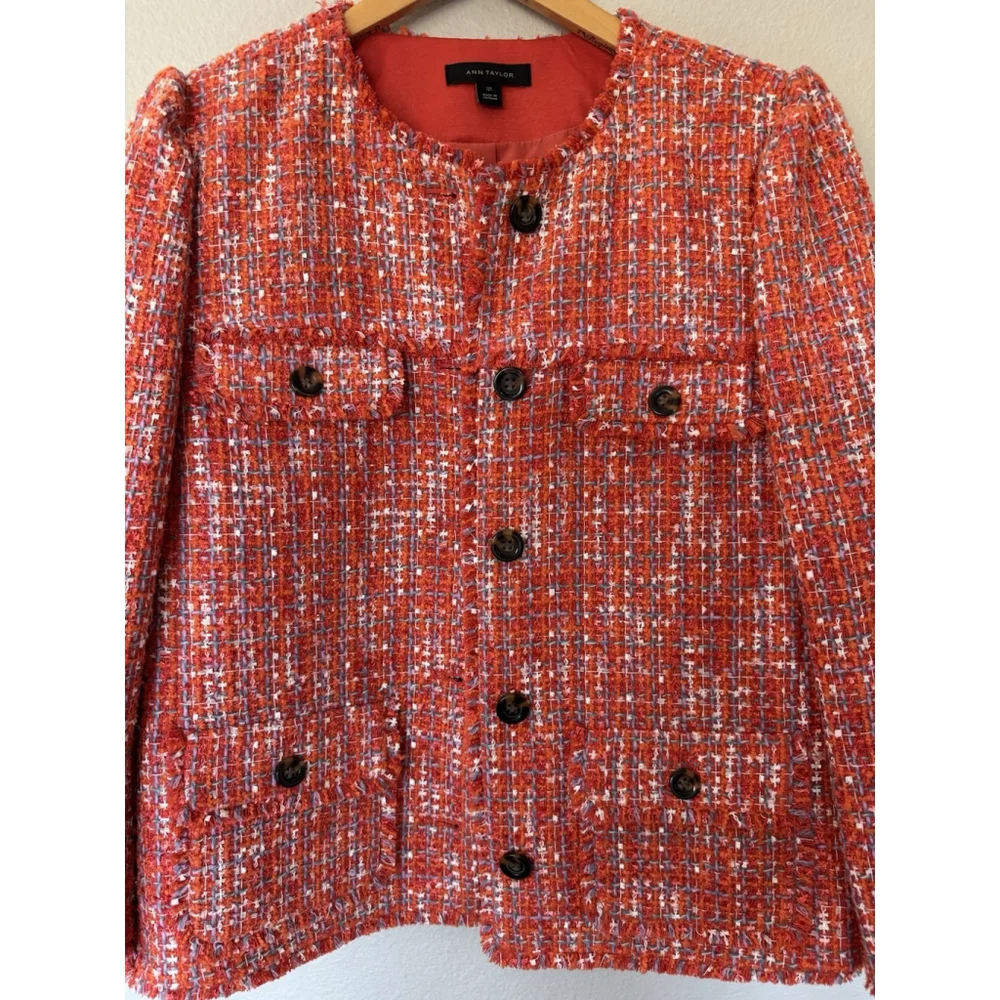 Ann Taylor Tweed Jacket 12Tall Fringe Edge Orange Spark Lined Decorative Buttons - Picture 8 of 11